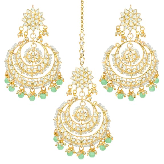 Mang Tikka for Women in Traditional Rhodium Kundan & Pearl Earring Set Design