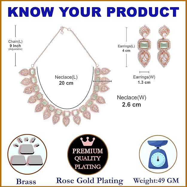 American Diamond Emerald Necklace in Leaf Style Rectangle Shaped AD Studded Rose Gold Plated Necklace Jewellery Set for Women and Girls