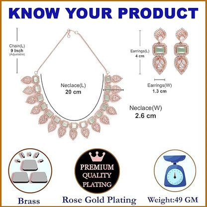 American Diamond Emerald Necklace in Leaf Style Rectangle Shaped AD Studded Rose Gold Plated Necklace Jewellery Set for Women and Girls