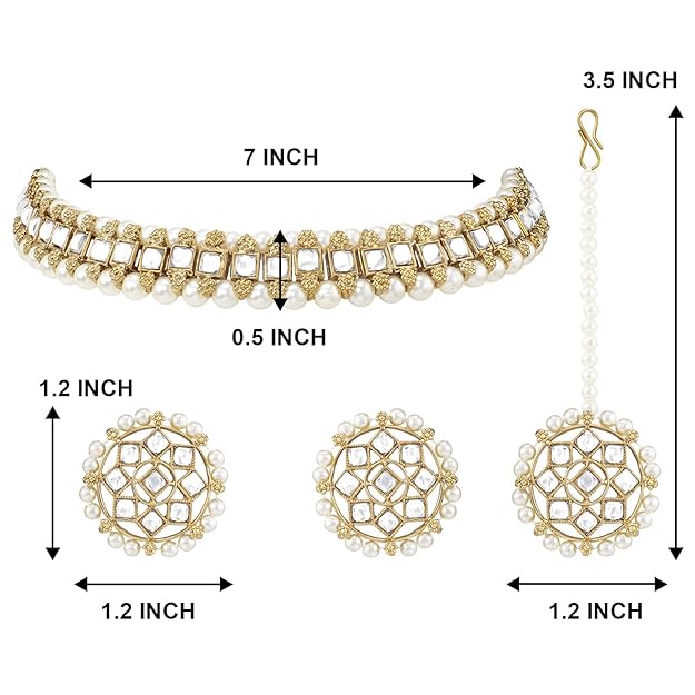 Necklace for Bride in Traditional Gold Plated Kundan Choker Necklace with Stud Earrings and Maang Tikka Jewellery Set