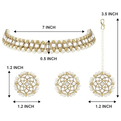 Necklace for Bride in Traditional Gold Plated Kundan Choker Necklace with Stud Earrings and Maang Tikka Jewellery Set