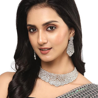 American Diamond Necklace Set in Rhodium Plated Silver Toned AD Choker Necklace with Earrings Jewellery Set for Women and Girls