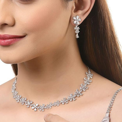 American Diamond Jewellery in Silver in Rhodium Plated Silver Toned White AD Studded Flower Shaped Jewellery Set