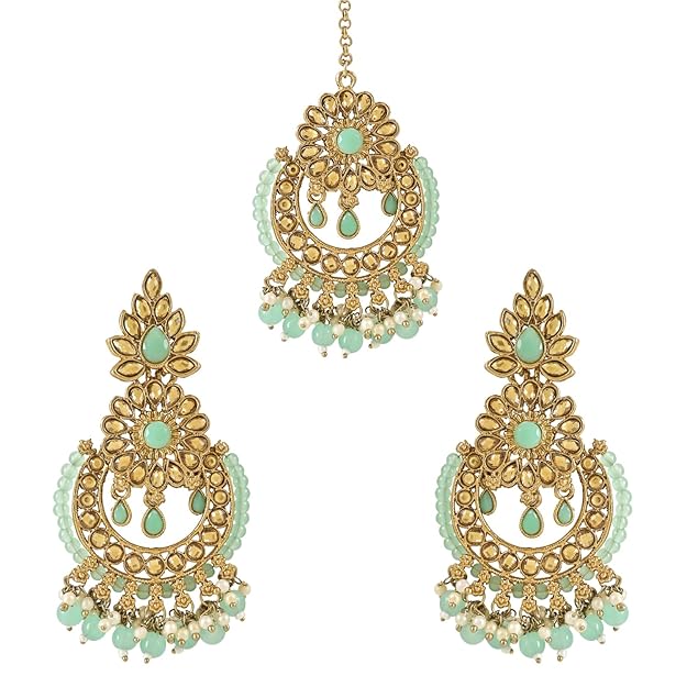 Indian Head Nickel Earrings in Gold Plated Kundan Pearl Drop Design with Maang Tikka