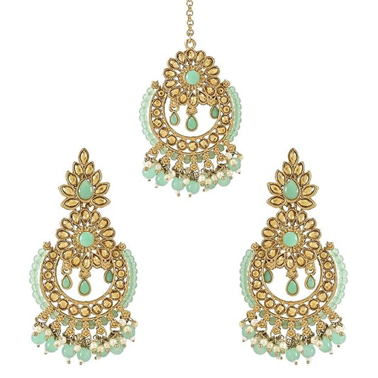 Indian Head Nickel Earrings in Gold Plated Kundan Pearl Drop Design with Maang Tikka