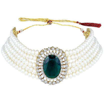 Choker Necklace in Gold Plated Traditional Stone Studded Pearl Choker Necklace Jewellery Set for Women and Girls