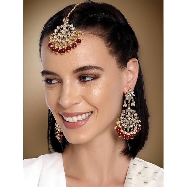 Maang Tikka with Pearl in Gold Plated Kundan Blue Faux Pearl Wedding Set