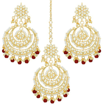 Mang Tikka for Women in Traditional Rhodium Kundan & Pearl Earring Set Design