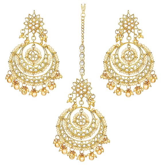 Mang Tikka for Women in Traditional Rhodium Kundan & Pearl Earring Set Design
