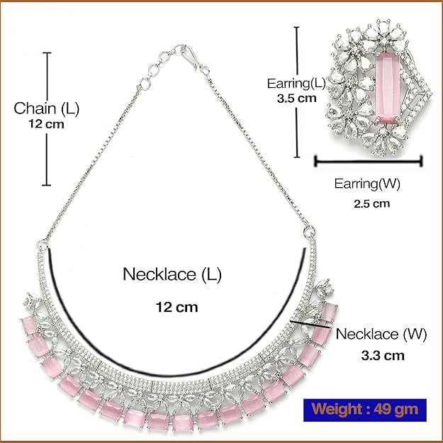 AD Jewellery Set in Rhodium Plated Silver Toned White American Diamond Studded Necklace with Earrings for Women and Girls