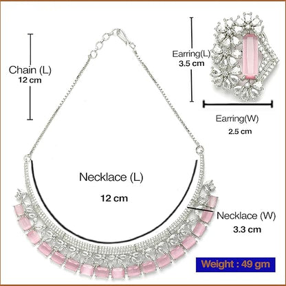 AD Jewellery Set in Rhodium Plated Silver Toned White American Diamond Studded Necklace with Earrings for Women and Girls