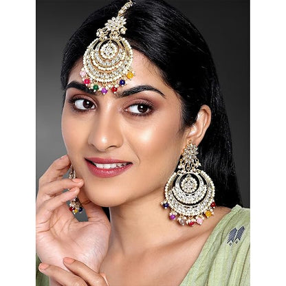 Mang Tikka for Women in Traditional Rhodium Kundan & Pearl Earring Set Design