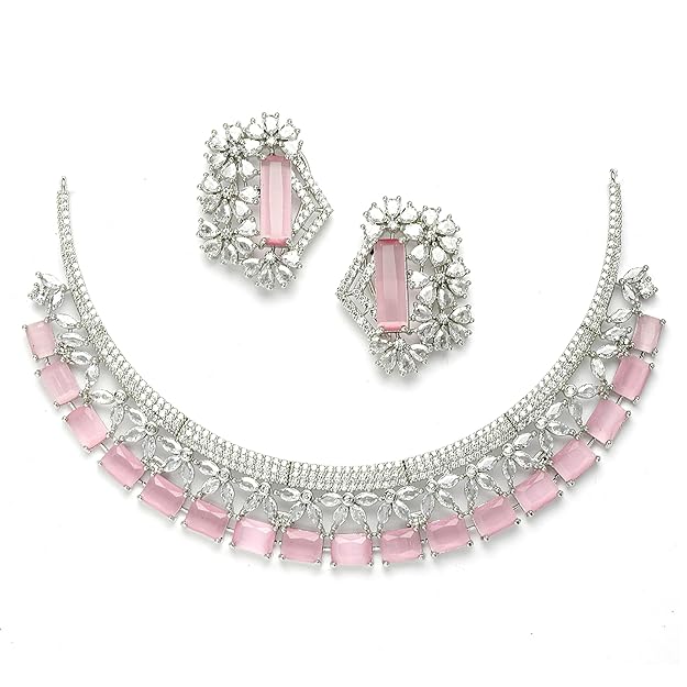 AD Jewellery Set in Rhodium Plated Silver Toned White American Diamond Studded Necklace with Earrings for Women and Girls