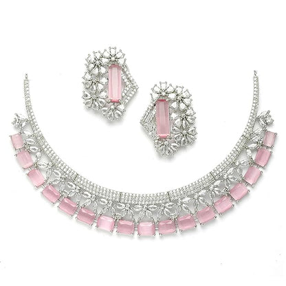 AD Jewellery Set in Rhodium Plated Silver Toned White American Diamond Studded Necklace with Earrings for Women and Girls