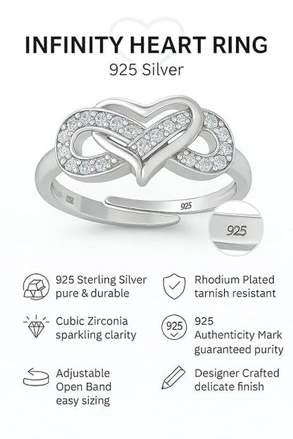 Diamond Engagement Rings in Pure Silver Infinity Heart Style Adjustable Design