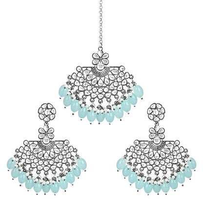 Silver Chandbali Earrings in Oxidised Kundan Pearl Design with Maang Tikka Set