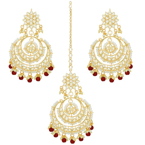 Mang Tikka for Women in Traditional Rhodium Kundan & Pearl Earring Set Design