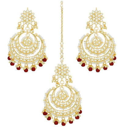 Mang Tikka for Women in Traditional Rhodium Kundan & Pearl Earring Set Design