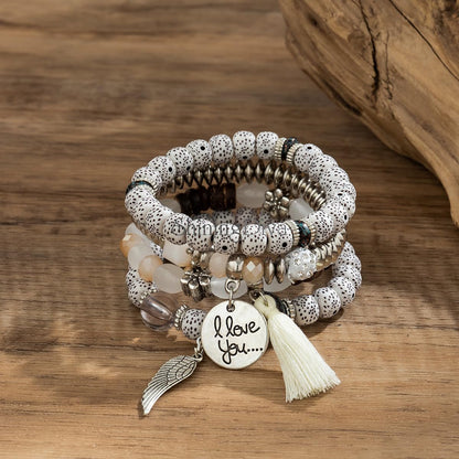 Bohemian I Love You Feather Charm Beaded Multilayer Bracelet for Women & Girls