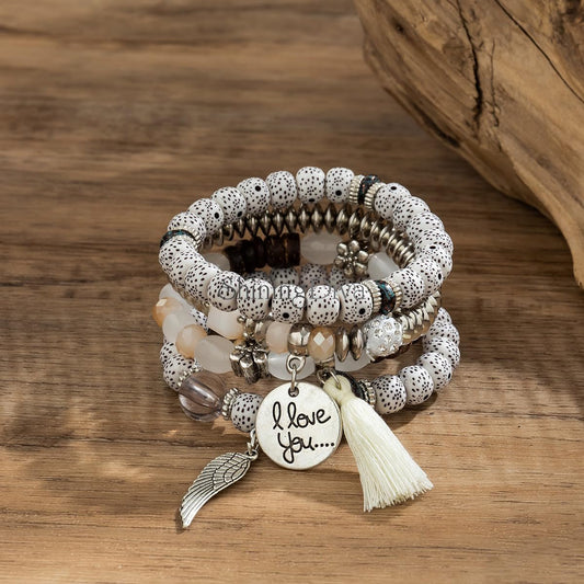 Bohemian I Love You Feather Charm Beaded Multilayer Bracelet for Women & Girls