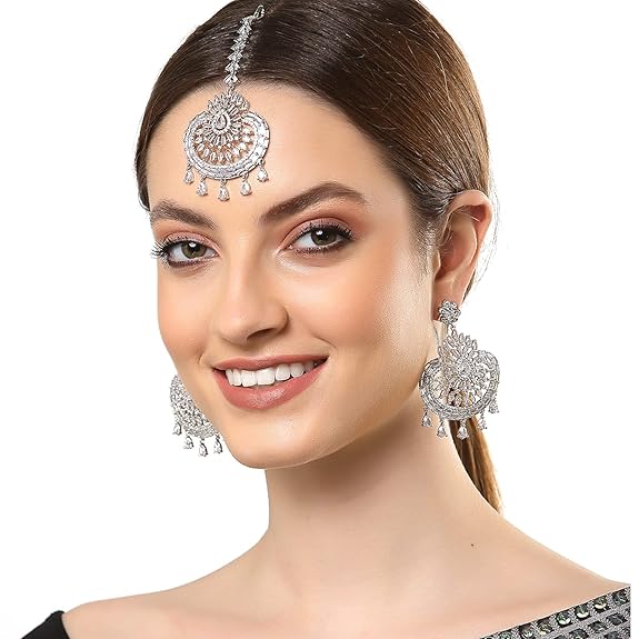 American Diamond Jewelry Set in Rhodium Plated Stylish Shiny Round Design Maang Tikka Earring Jewellery