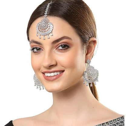 American Diamond Jewelry Set in Rhodium Plated Stylish Shiny Round Design Maang Tikka Earring Jewellery