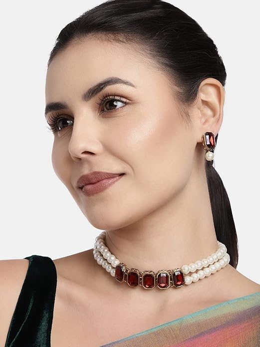 Indian Pearl Necklace in 18K Gold Plated Traditional Crystal Stone and Pearl Studded Choker Necklace Jewellery Set for Women