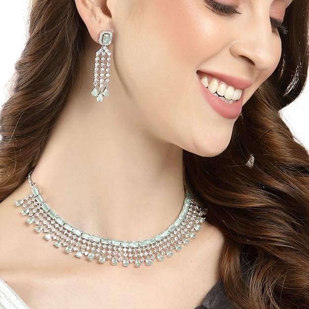 American Diamond Choker Set in Floral Design AD Studded Choker Necklace with Earrings for Women and Girls