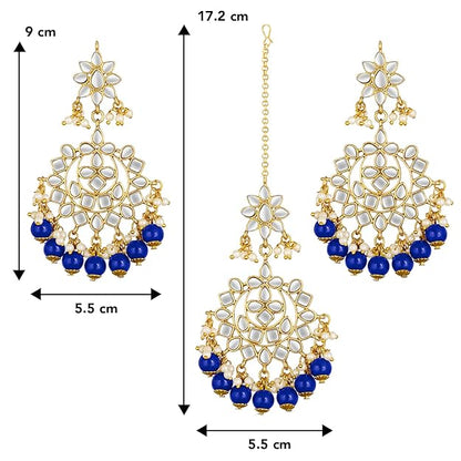 Maang Tikka with Pearl in Gold Plated Kundan Blue Faux Pearl Wedding Set