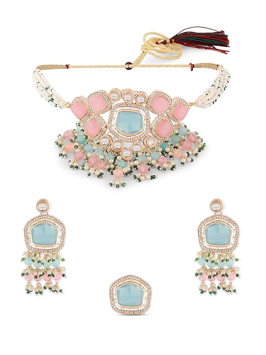 Meenakari Choker Set Blue Pink Kundan Stone & Beads