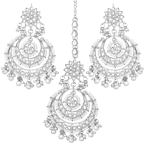 Mang Tikka for Women in Traditional Rhodium Kundan & Pearl Earring Set Design