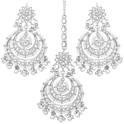 Mang Tikka for Women in Traditional Rhodium Kundan & Pearl Earring Set Design