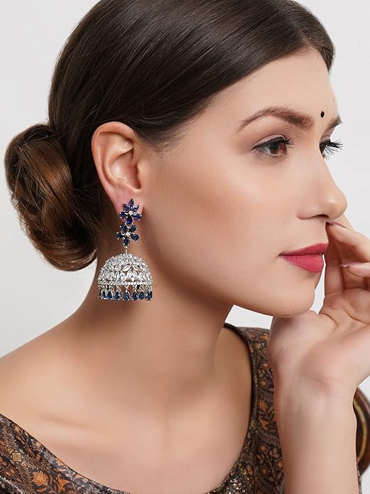 Blue American Diamond Jhumki Drop Earrings
