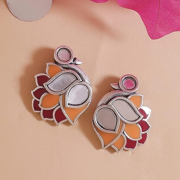 Large Silver Stud Earrings in Bird Motif Traditional Design