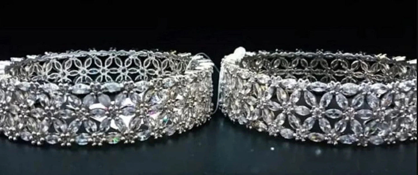 Bangles for Women Silver Toned White AD/American Diamond Studded Floral Designed 2 Pcs Set Bangles for Women and Girls