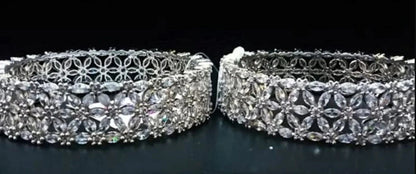 Bangles for Women Silver Toned White AD/American Diamond Studded Floral Designed 2 Pcs Set Bangles for Women and Girls
