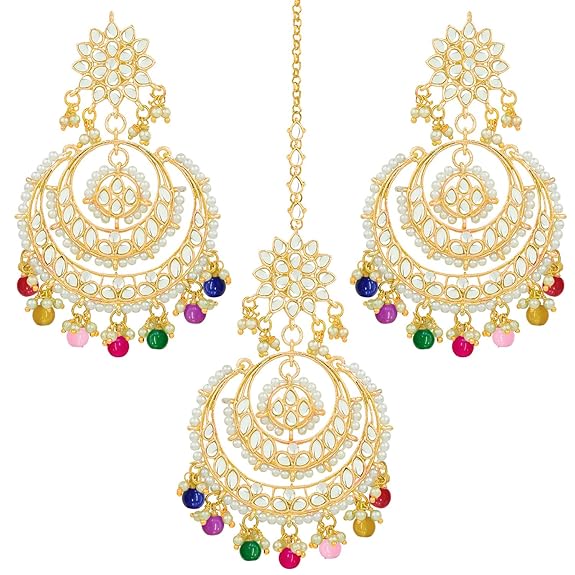 Mang Tikka for Women in Traditional Rhodium Kundan & Pearl Earring Set Design