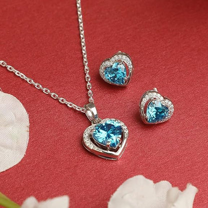 Heart Pendant and Earring Set in 925 Sterling Silver with Sky Blue Zirconia Design