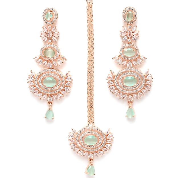Diamond Mang Tikka in Rose Gold Plated American Diamond Studded Maang Tikka & Earrings Jewellery Set