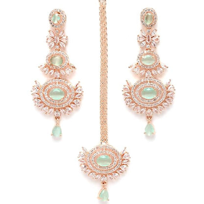 Diamond Mang Tikka in Rose Gold Plated American Diamond Studded Maang Tikka & Earrings Jewellery Set
