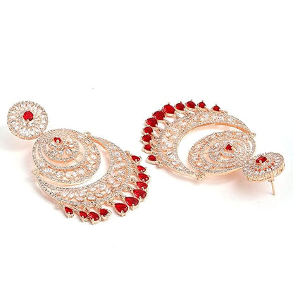 American Diamond Jewelry Set in Rose Gold Plated American Diamond Studded Maang Tikka & Earrings for Women and Girls