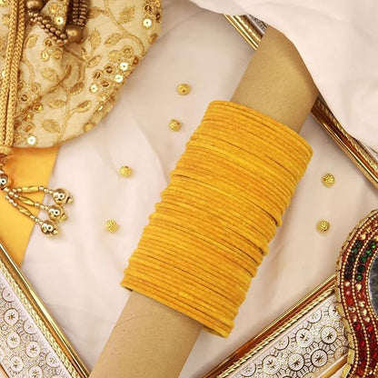 Velvet Metal Bangles for Women Available in Yellow Color Set of 32 Bangles