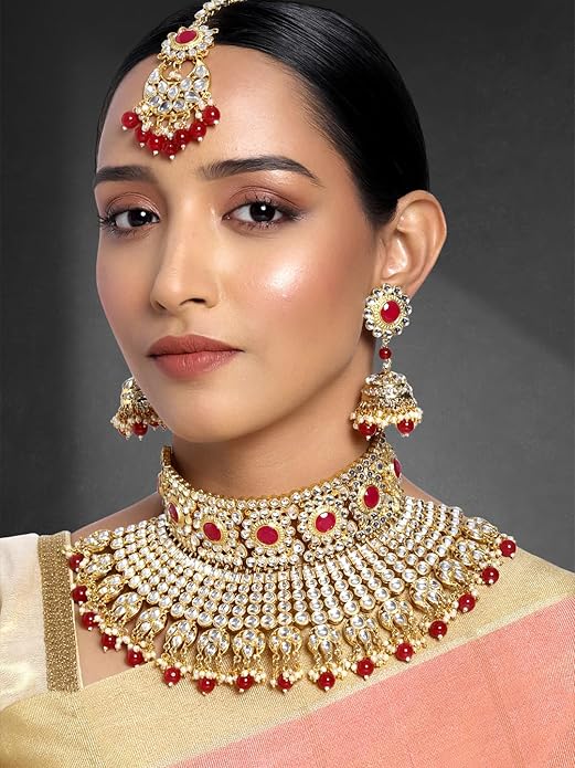 Bridal Necklace and Earring Set in Traditional Kundan Pearl Studded Bridal Choker with Earrings and Maang Tikka Jewellery Set for Women