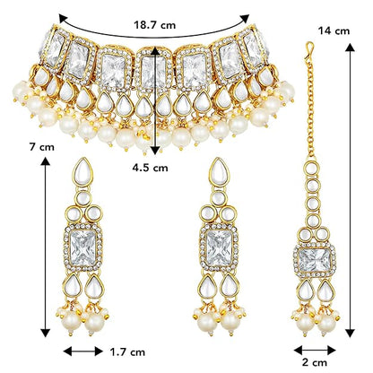 Crystal Collar Necklace in Faux Pearl and Kundan Style Necklace Jewellery Set for Women