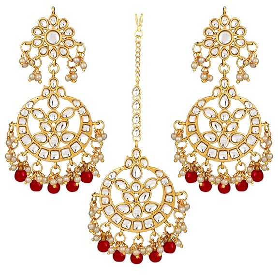 Mang Tikka for Women in Traditional Kundan & Pearl Earring Jewellery Set