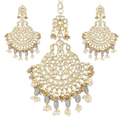Maang Tikka with Pearl in Gold Plated Big Kundan Chandbali Earring Set