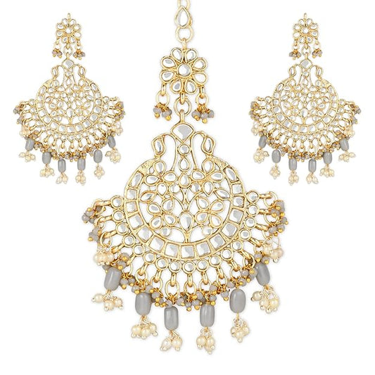 Maang Tikka with Pearl in Gold Plated Big Kundan Chandbali Earring Set