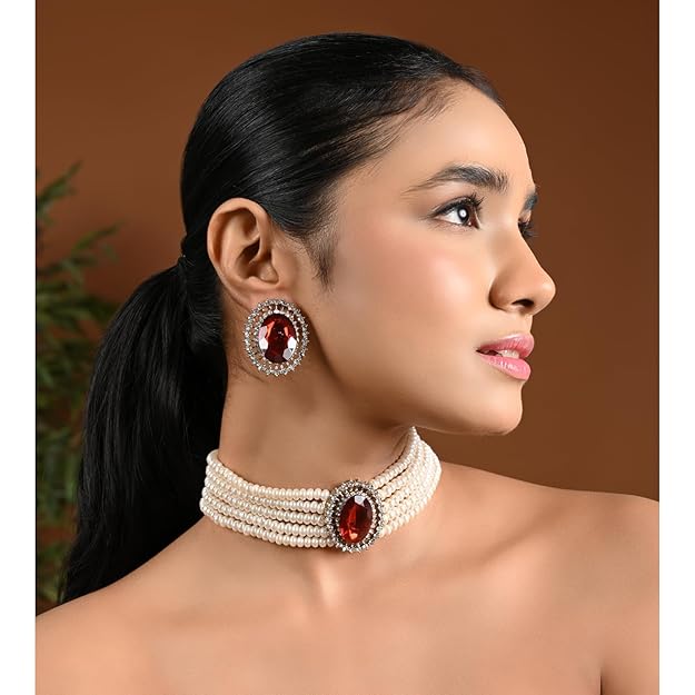 Choker Necklace in Gold Plated Traditional Stone Studded Pearl Choker Necklace Jewellery Set for Women and Girls