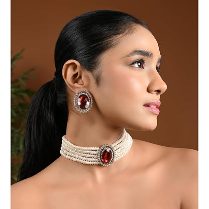 Choker Necklace in Gold Plated Traditional Stone Studded Pearl Choker Necklace Jewellery Set for Women and Girls