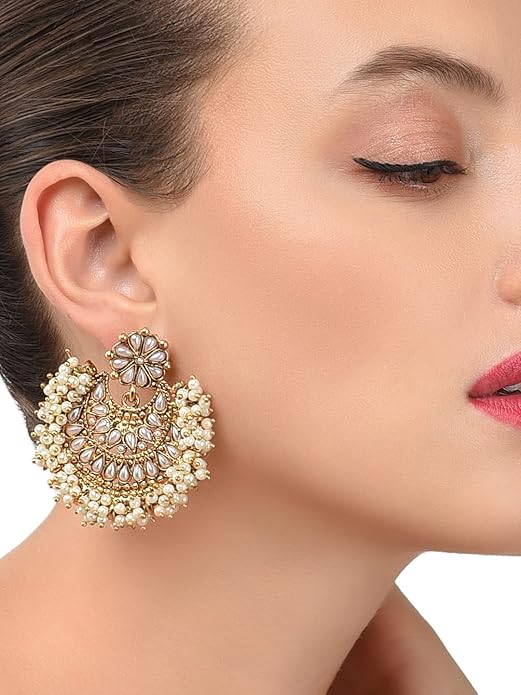Gold Tone Pearl Beaded Ladies Dangle Earrings